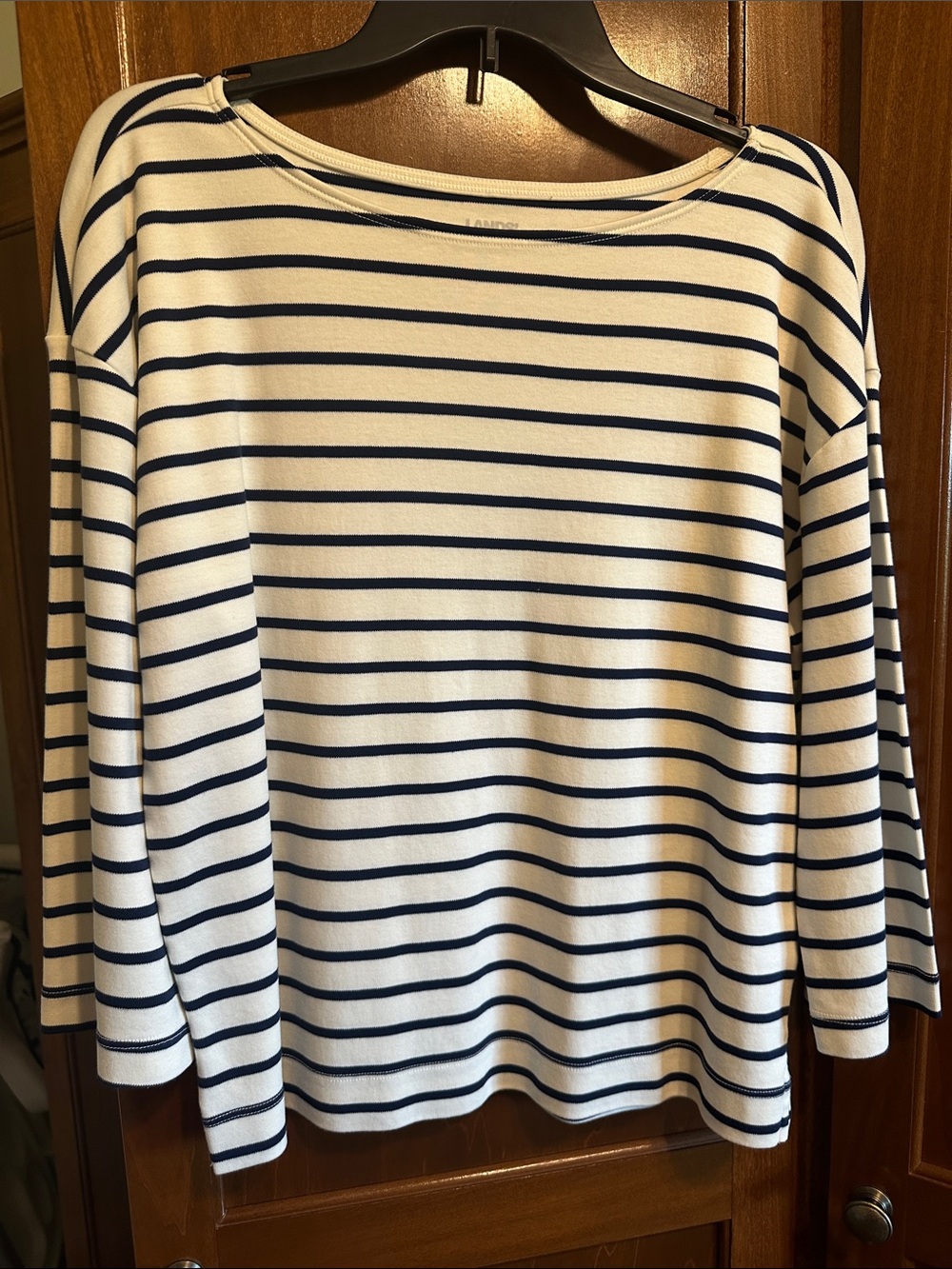 Lands' End White and Navy Striped Long Sleeve Tee